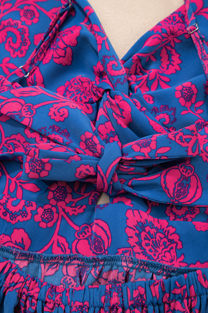 Floral Print Twisted V Neck Tied Backless Maxi Dress