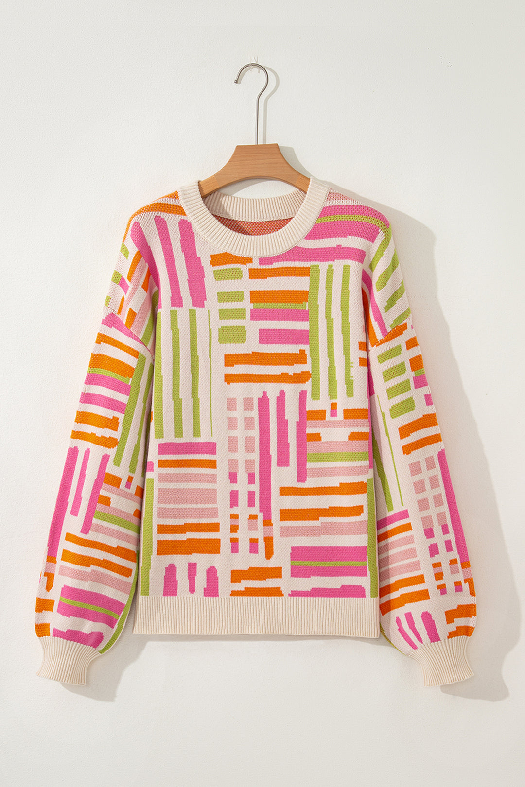 Love Lines Pattern Crew Neck Puff Sleeve Sweater