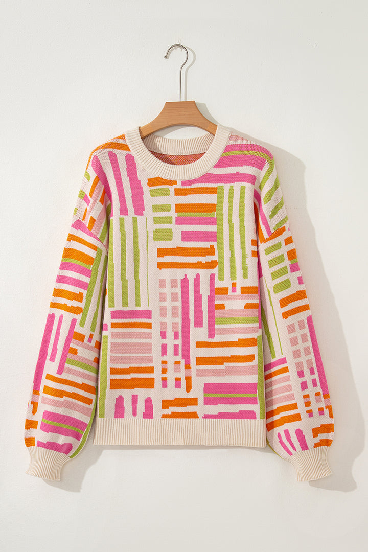 Love Lines Pattern Crew Neck Puff Sleeve Sweater