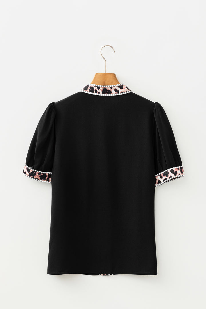 Black V Neck Short Puff Sleeve Contrast Striped Leopard Trim Button Down Shirt