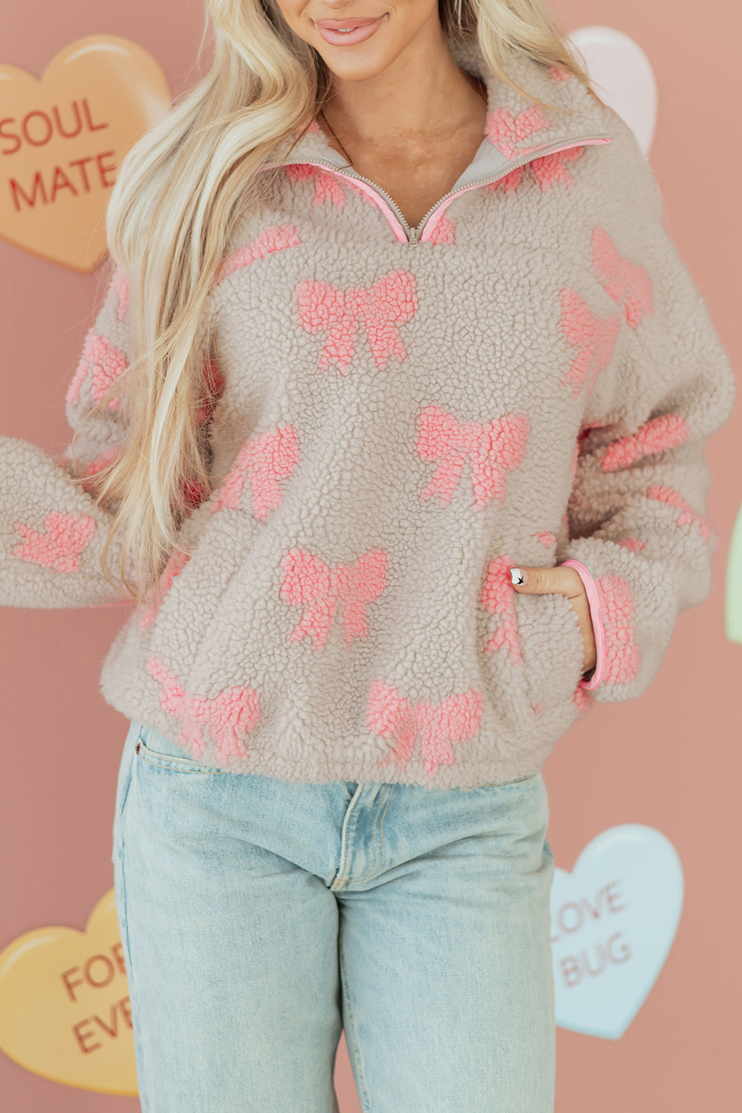Bow Sherpa Quarter Zip Drop Shoulder Baggy Sweatshirt