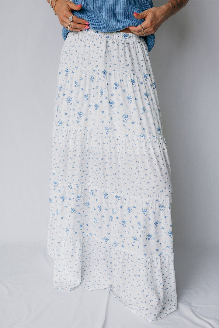 Chic Sky Blue High Waist Tiny Floral Print Boho Maxi Skirt