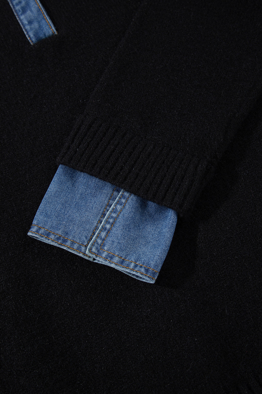 Black Denim Patchwork Collar Cuffed Casual Sweater