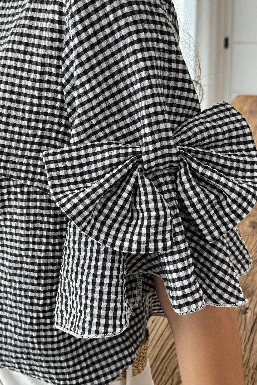 Black Plaid Bow Ruffled Half Sleeve Round Neck Blouse