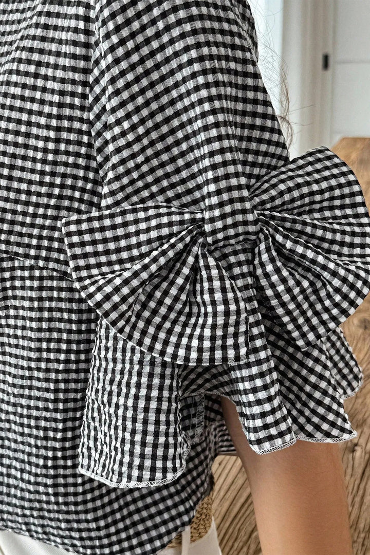 Black Plaid Bow Ruffled Half Sleeve Round Neck Blouse
