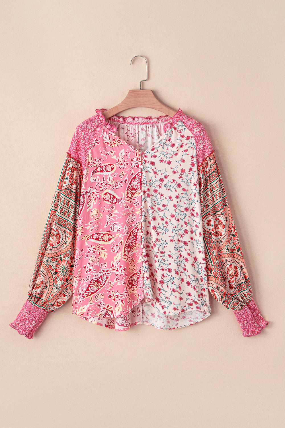 Mixed Floral Printed Puff Sleeve V-Neck Shirt