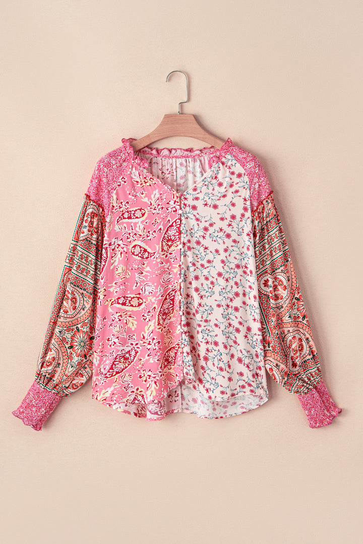 Mixed Floral Printed Puff Sleeve V-Neck Shirt