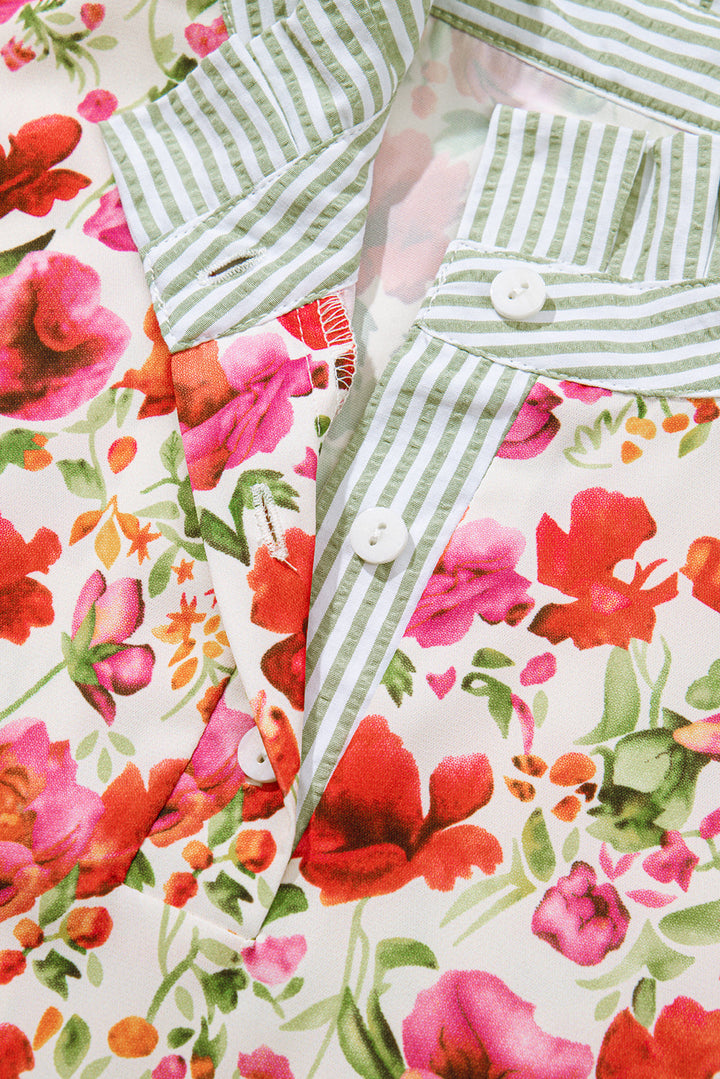 floral print striped patchwork collared short sleeve blouse