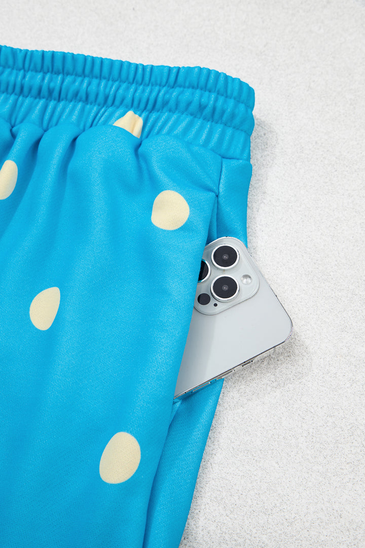Blue Polka Dot Hooded Drawstring Long Sleeve Plus Size Set