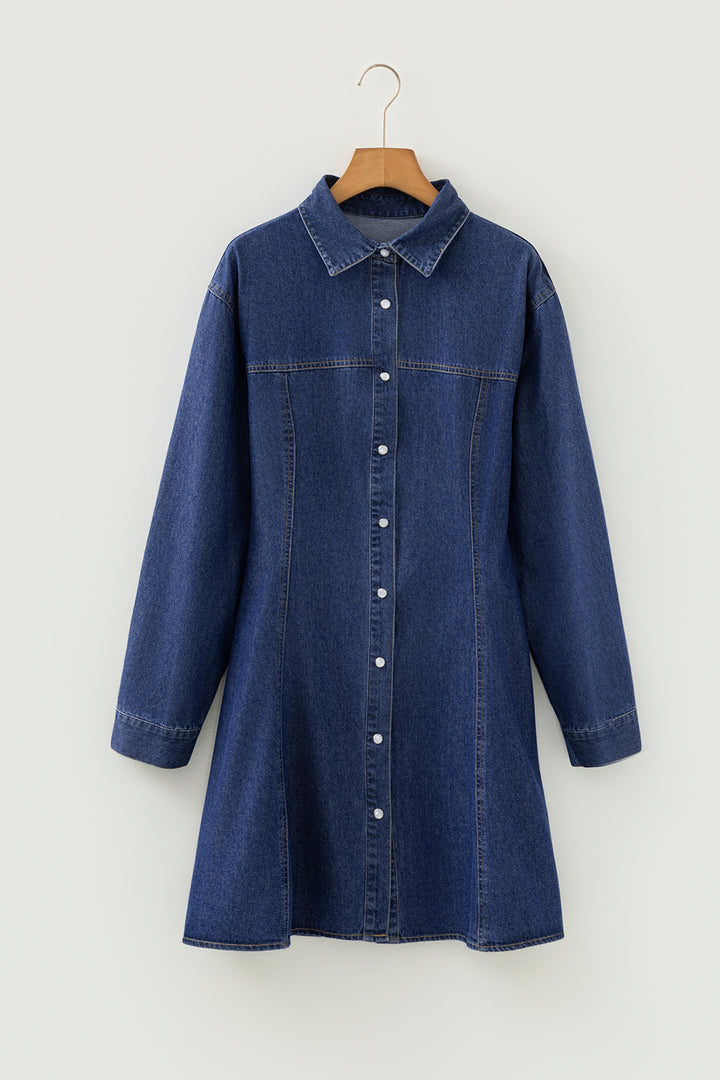 Denim Shirt Collar Long Sleeve Flared Mini Dress