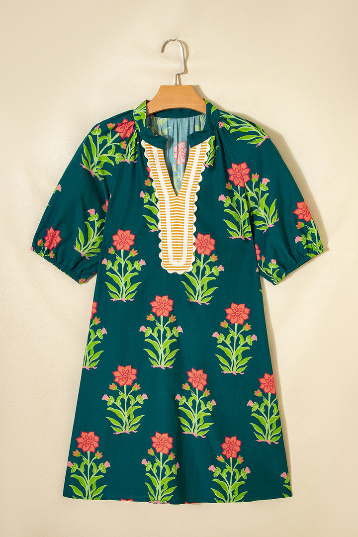 Green Floral Print Contrast Trim Striped Patchwork Short Sleeve Dress