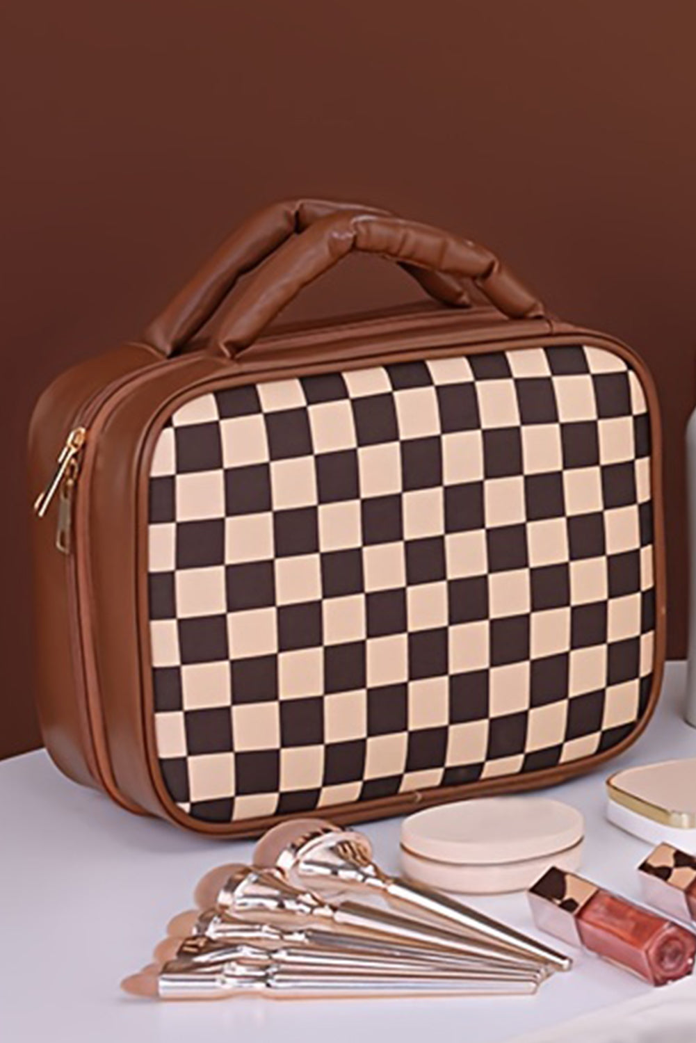 Checkered Multiple Compartments PU Leather Cosmetic Bag