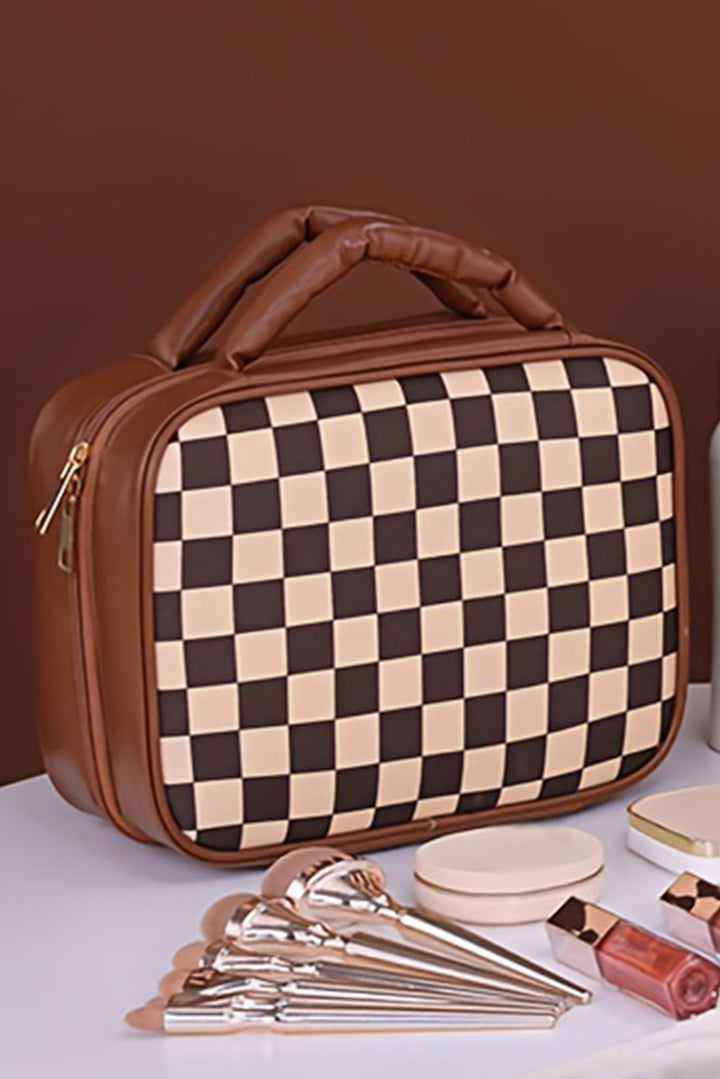 Checkered Multiple Compartments PU Leather Cosmetic Bag