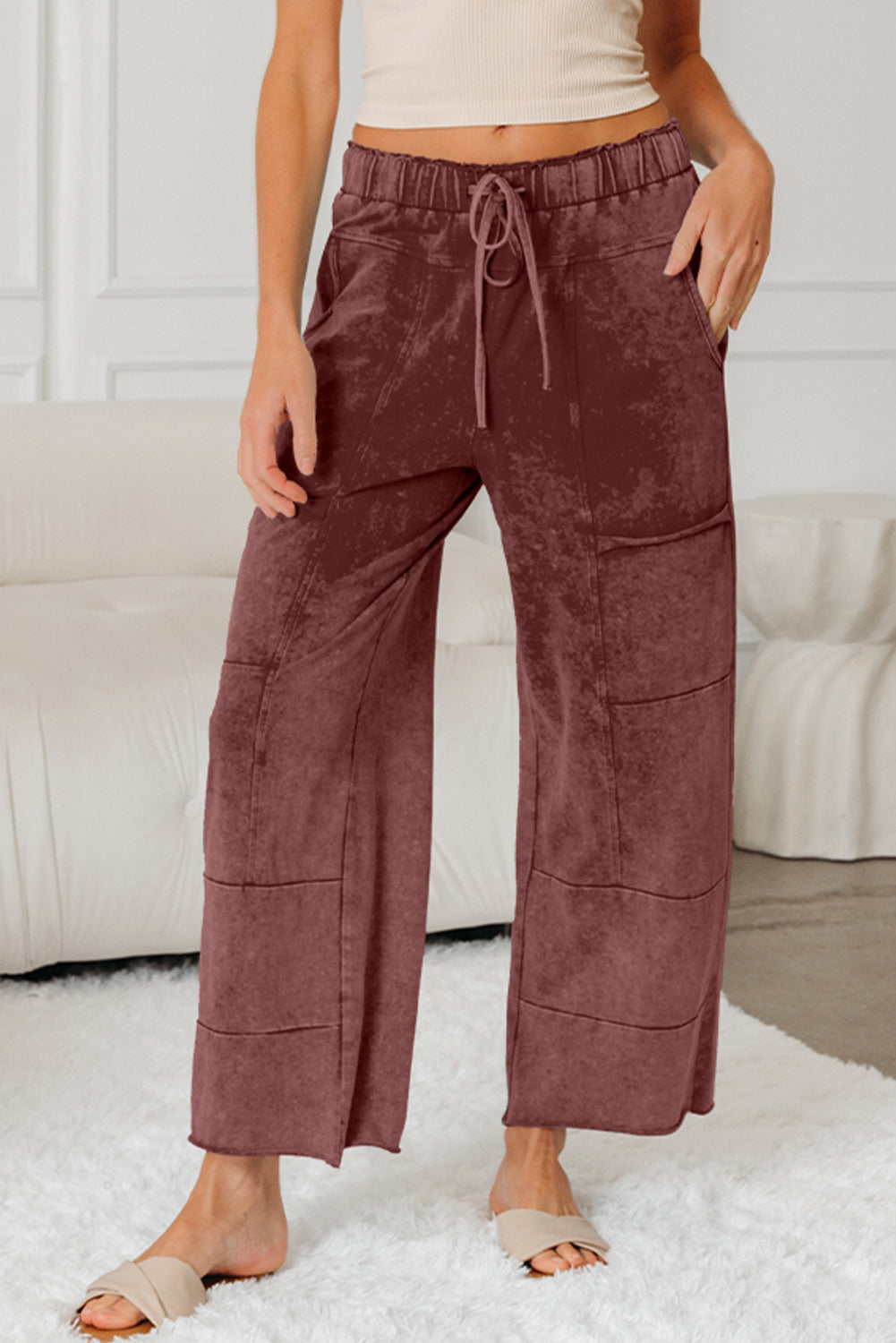 Wild Ginger  Mineral Wash Lace-up High Waist Raw Hem Patched Pocket Pants