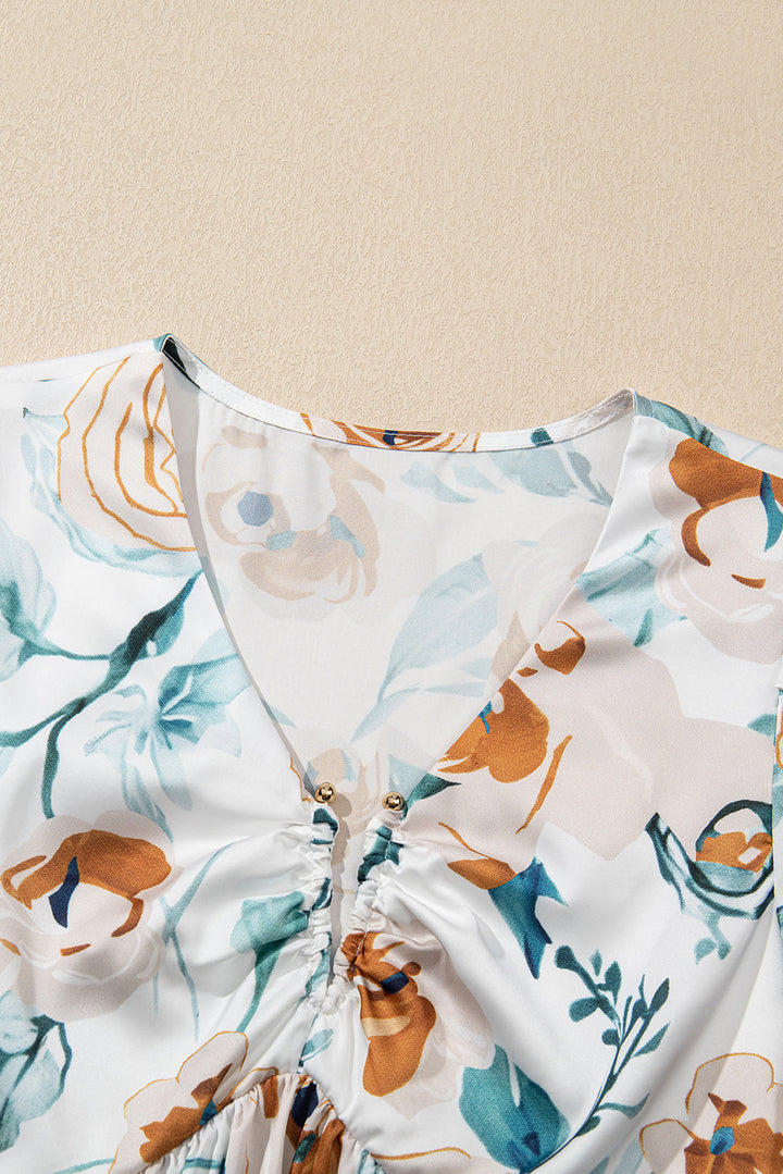 floral print puff sleeve v neck babydoll blouse