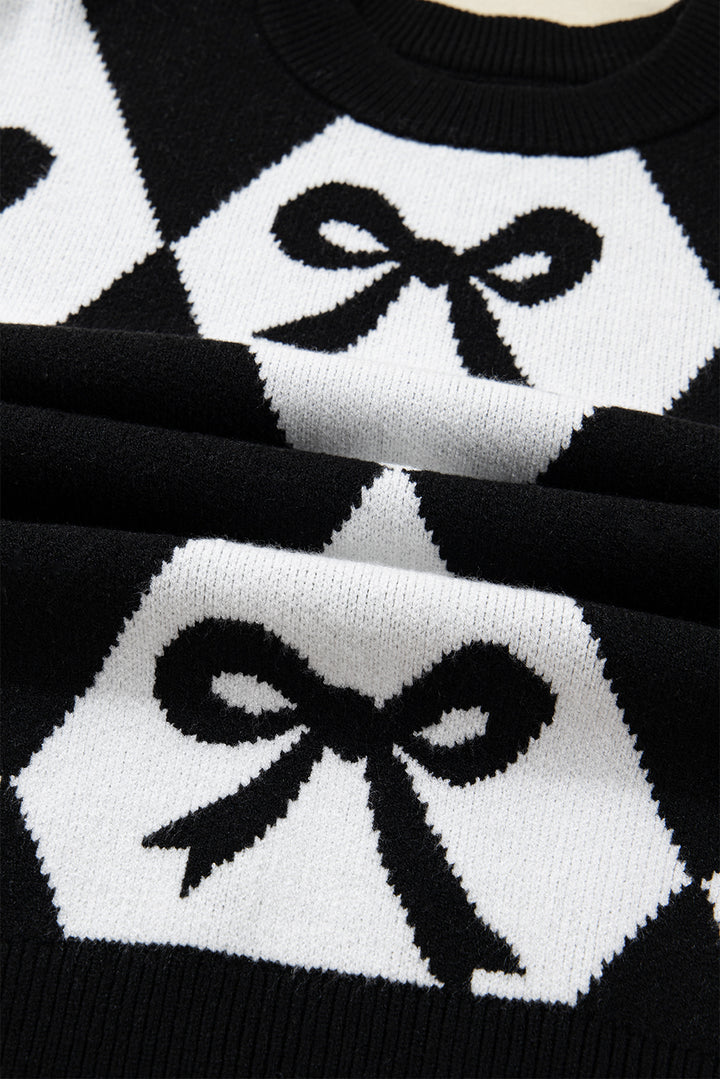 Bow Print 2-tone Rhombus Knit Loose Sweater