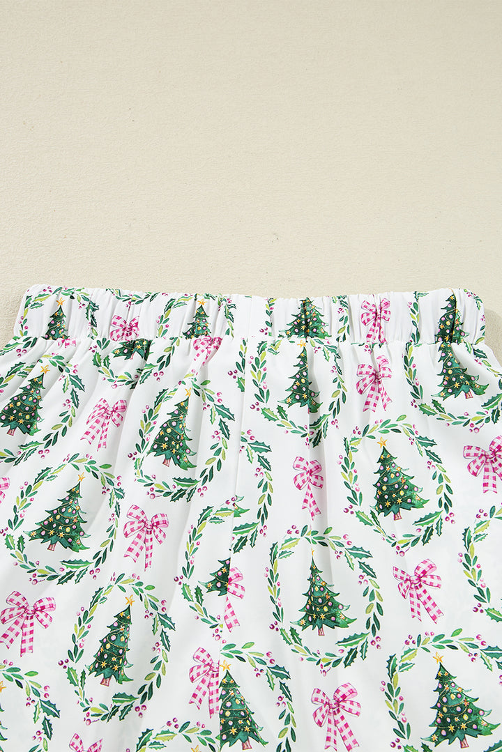 Green Christmas Fashion Print Velvet Trim Bow Knot Pajama 2pcs Short Set