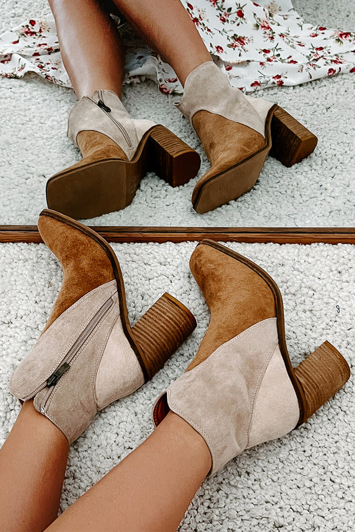 Two Tone Faux Suede Square Toe Chunky Heel Boots