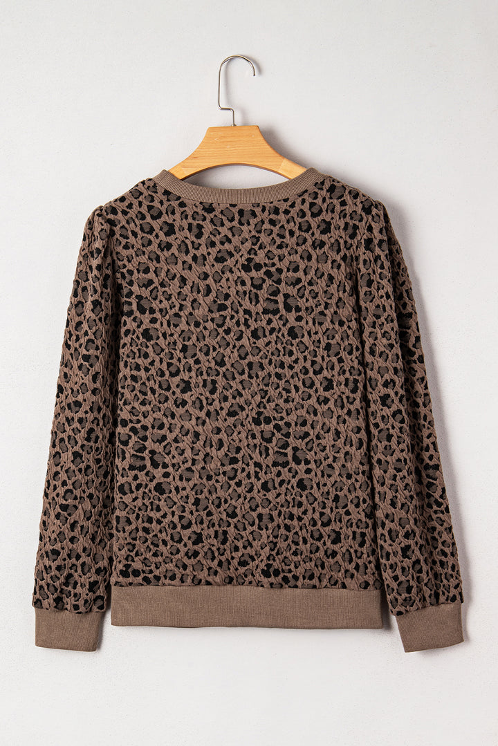 Ribbed Trim Leopard Print Long Sleeve Top