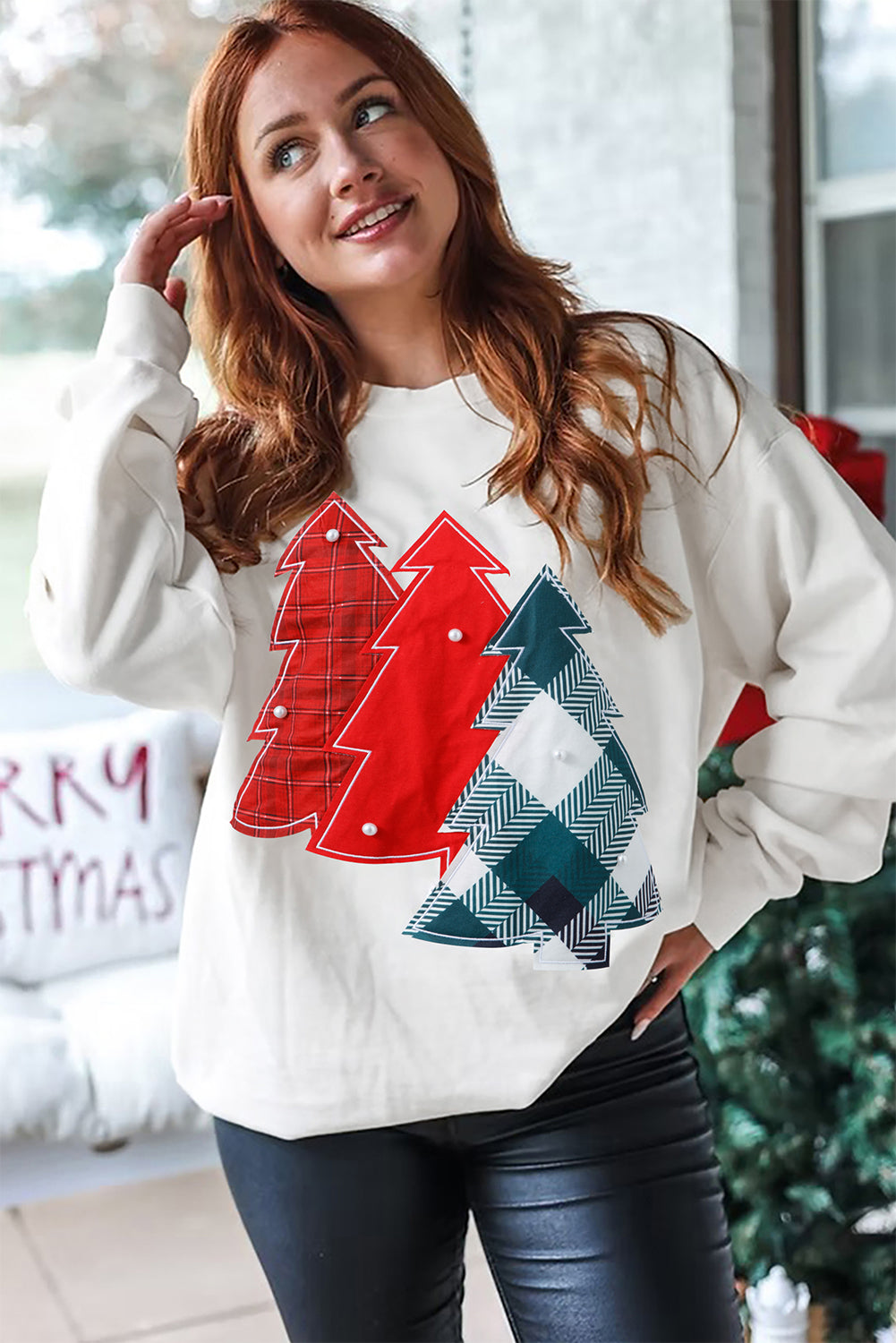 Pearl Plaid Christmas Tree Patched Drop Shoulder Sweatshirt
