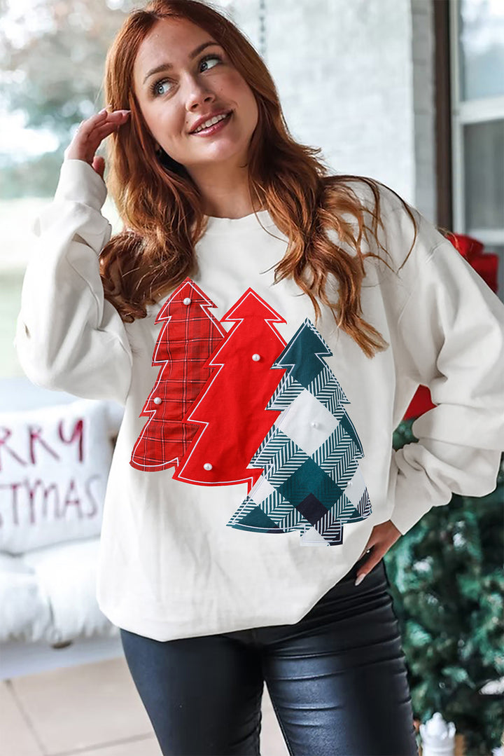 Pearl Plaid Christmas Tree Patched Drop Shoulder Sweatshirt
