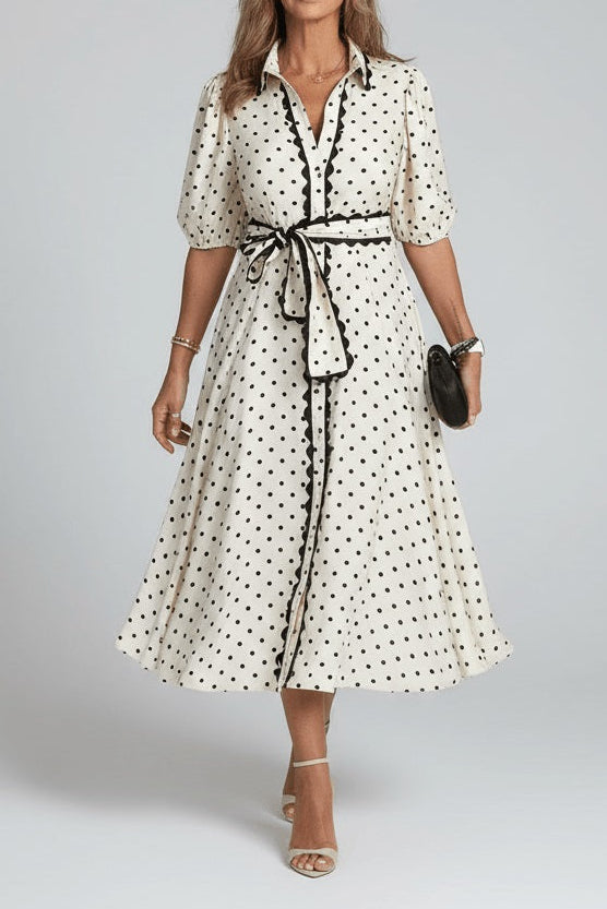 White Polka Dot Printed Contrast Scalloped Trim Belted Midi Dress