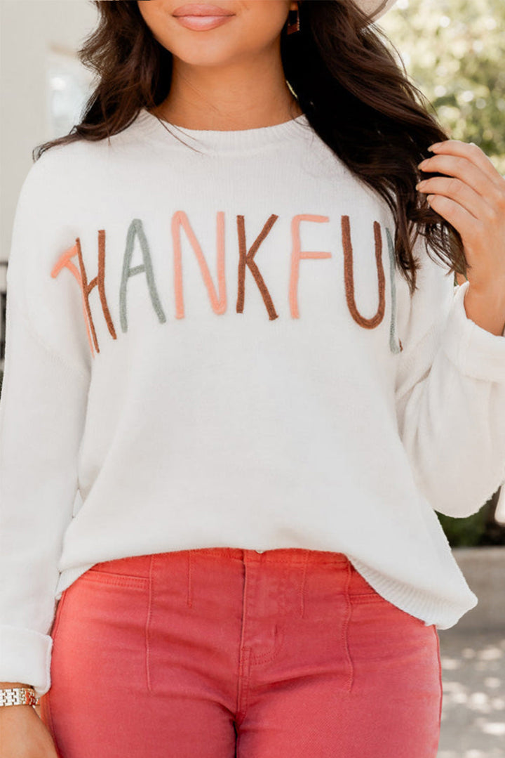 Plus Size Thankful Ivory Embroidered Sweater