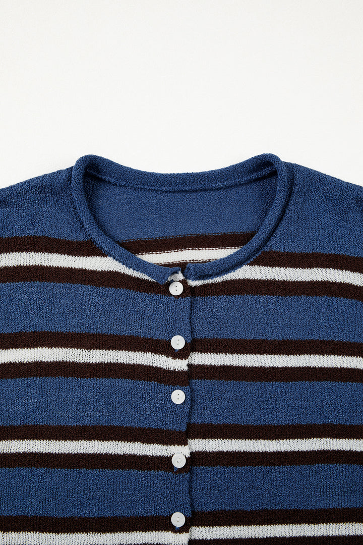Blue Stripe Striped Drop Shoulder Button Cardigan
