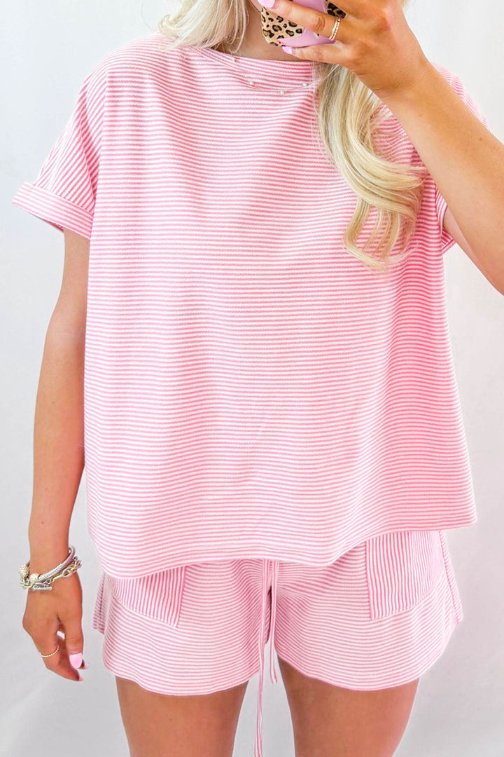Pink Stripe Matching Oversized Tee and Drawstring Shorts Set