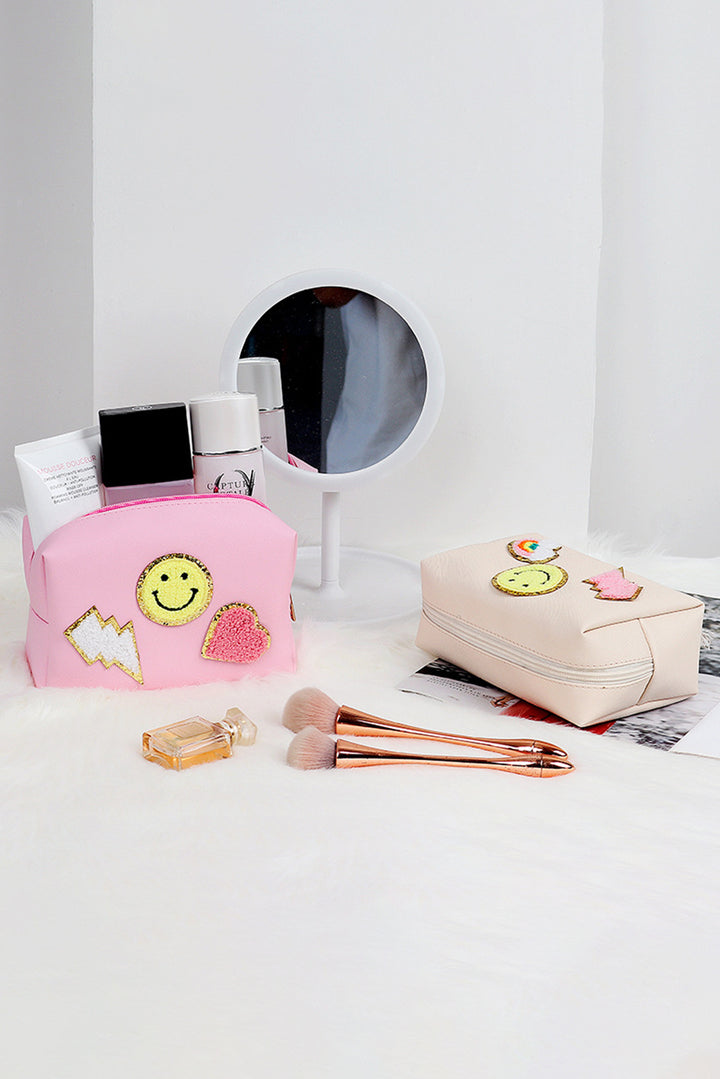 Smiley Face Chenille Patched PU Zipper Makeup Bag