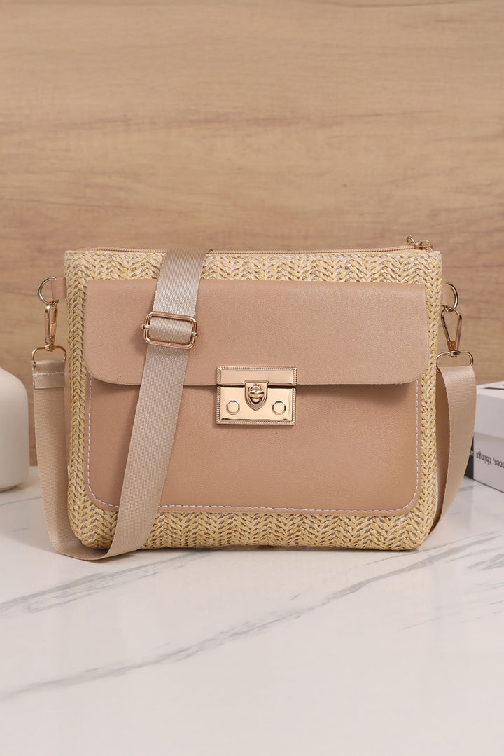 Leather Pocket Patchwork Straw Woven Shoulder Bag