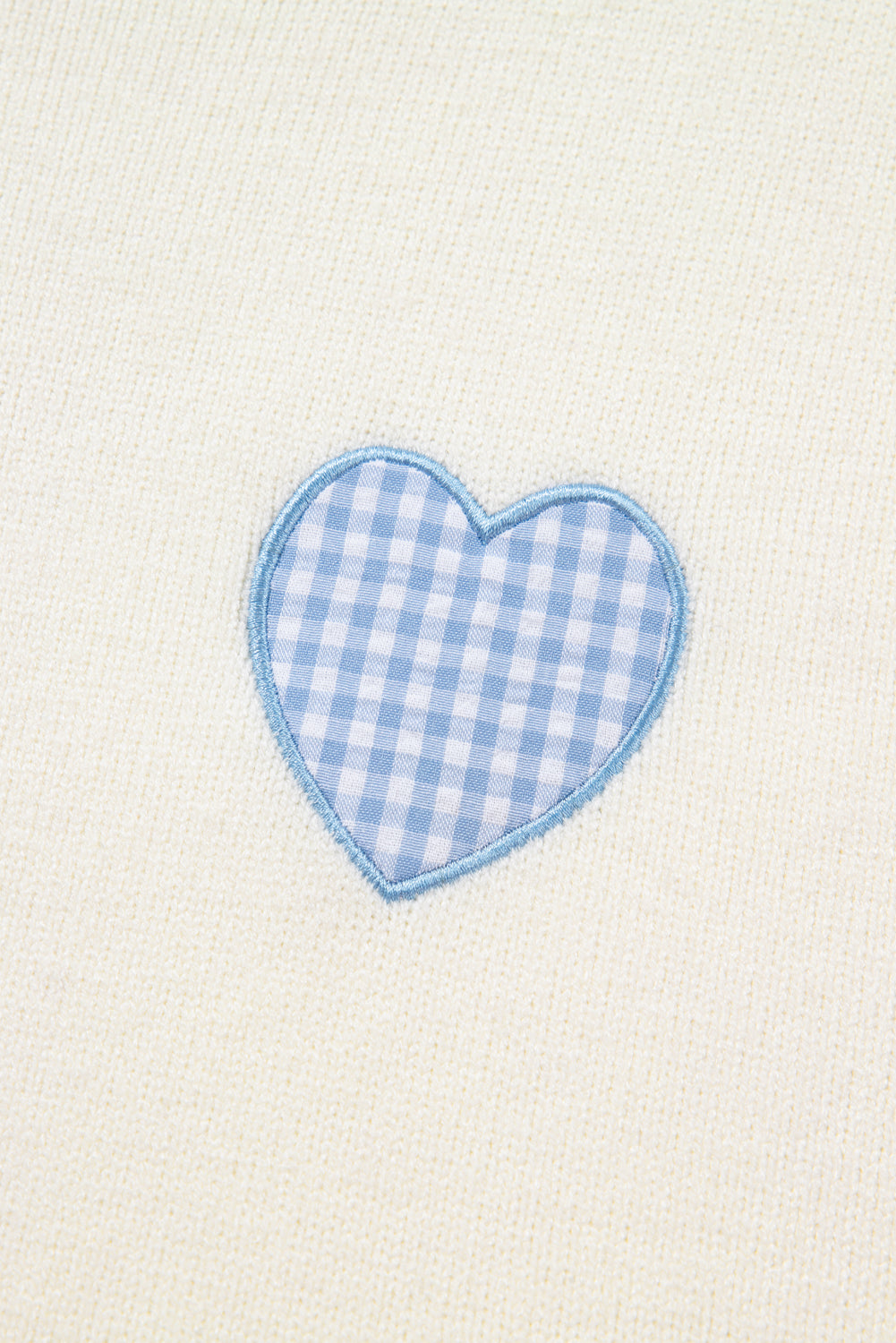 White Plaid Heart Embroidered Cuffed Drop Shoulder Crew Neck Sweater