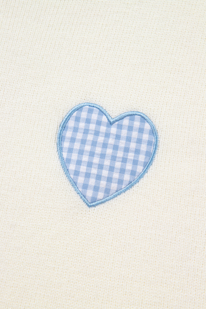 White Plaid Heart Embroidered Cuffed Drop Shoulder Crew Neck Sweater