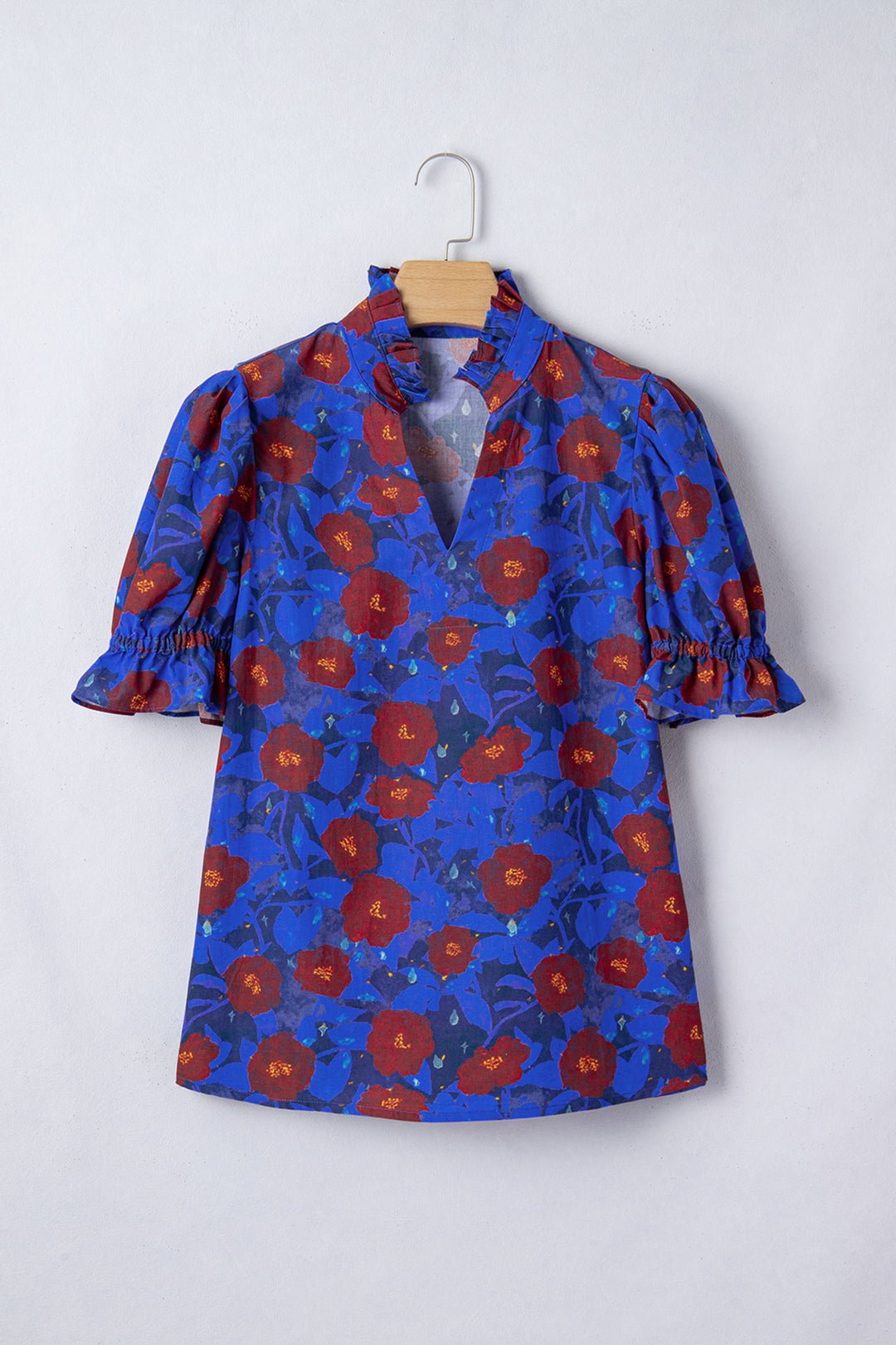 Ruffled Short Balloon Sleeve Frilled V Neck Floral Blouse