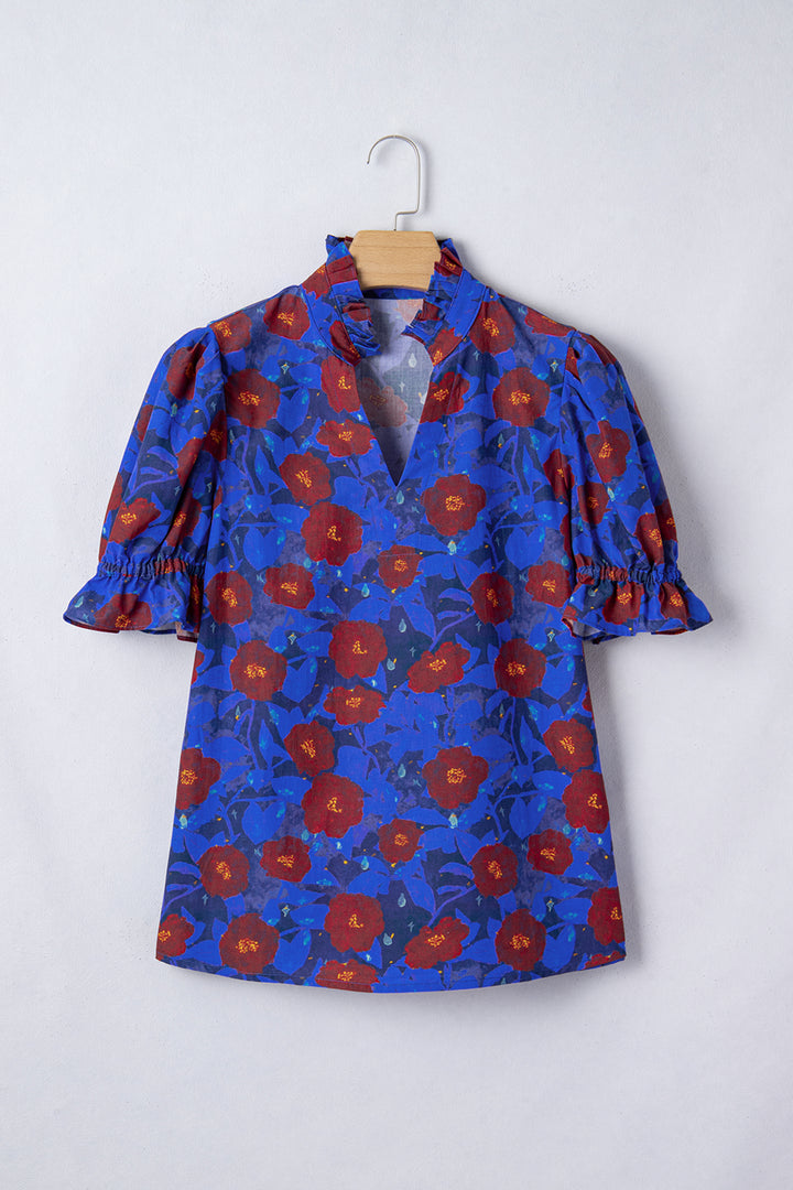 Ruffled Short Balloon Sleeve Frilled V Neck Floral Blouse