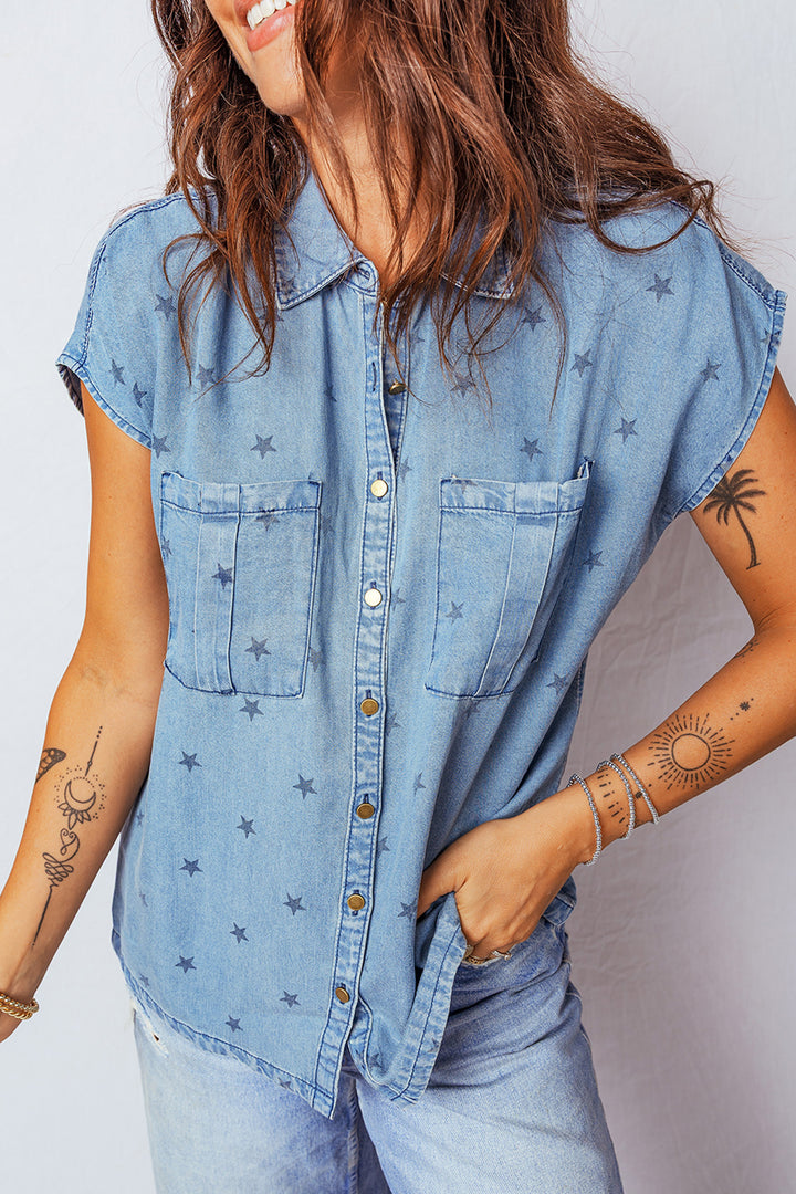 Star Allover Print Double Chest Pocket Short Sleeve Denim Shirt