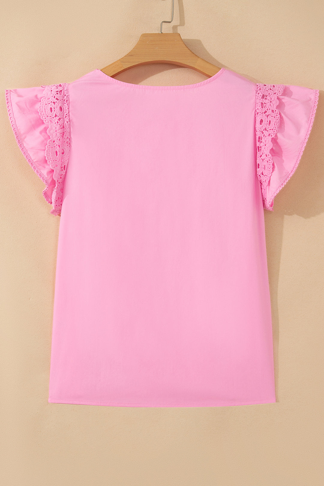 Bonbon Lace Detail Flutter Sleeve Pleated Round Neck Blouse