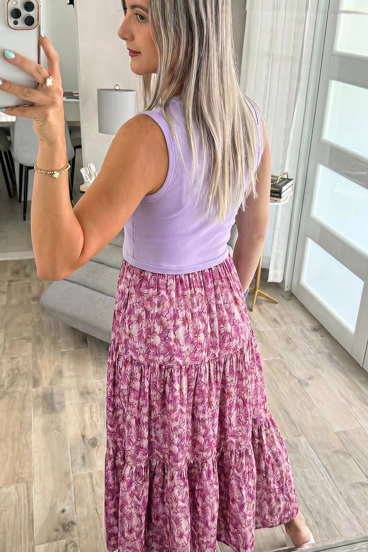 Purple Ribbed V Neck Tank Floral Contrast Long Dress