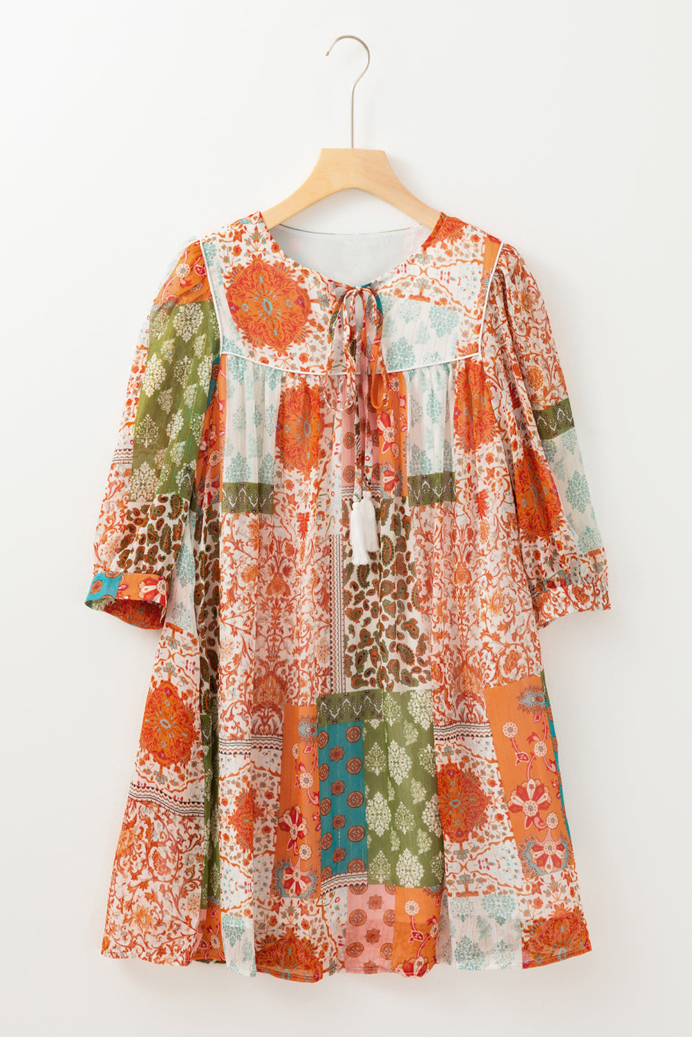 Boho Paisley Mixed Print 3/4 Sleeve Chiffon Loose Dress