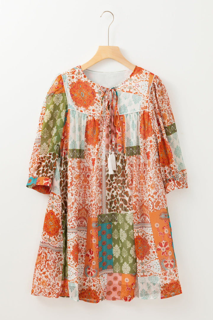 Boho Paisley Mixed Print 3/4 Sleeve Chiffon Loose Dress