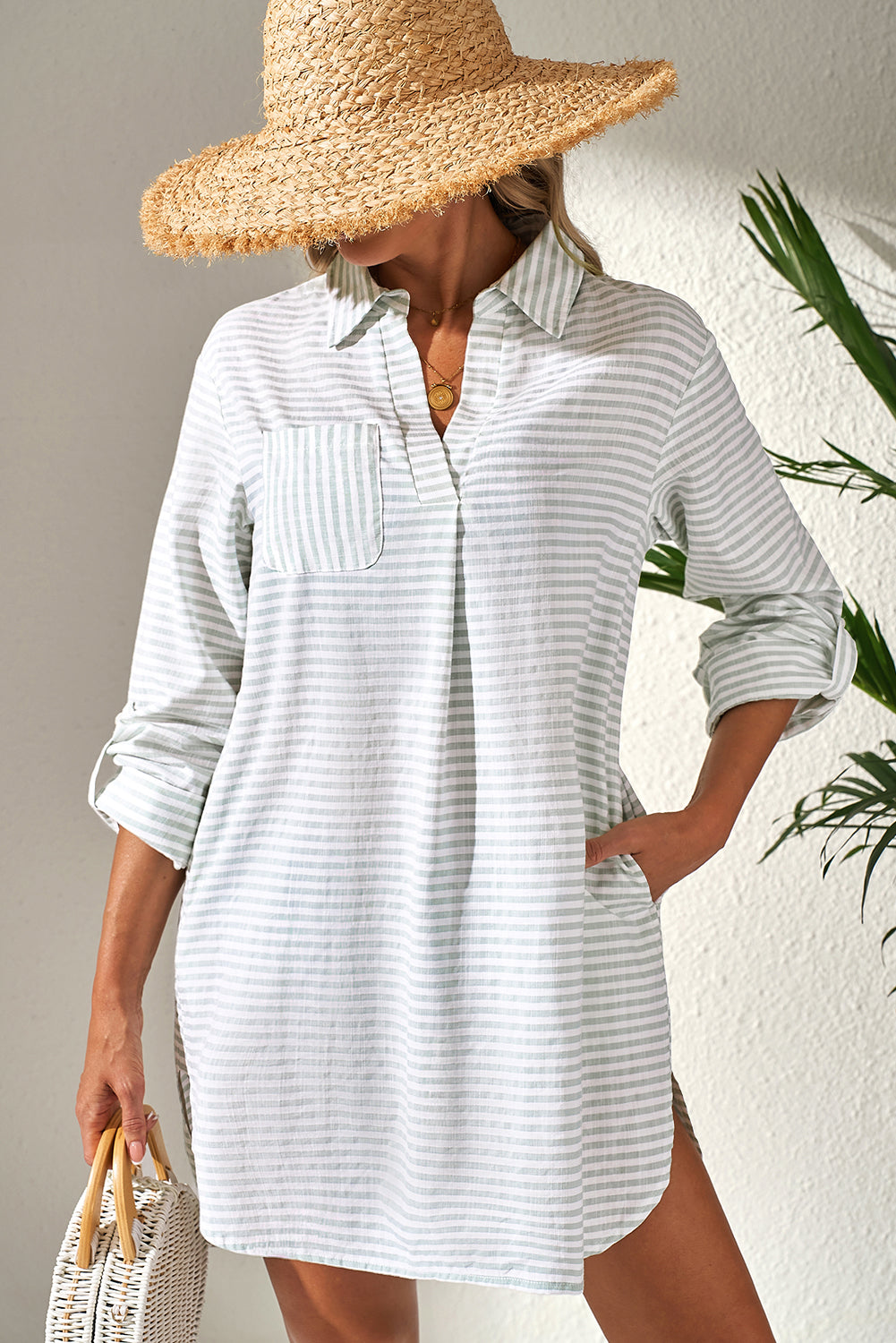 collared v neck chest pocket long sleeve beach cover up
