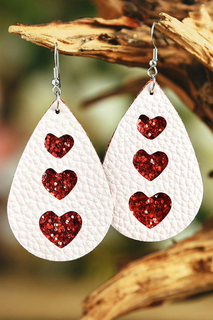 Valentines Heart Print Pu Leather Teardrop Dangle Earrings