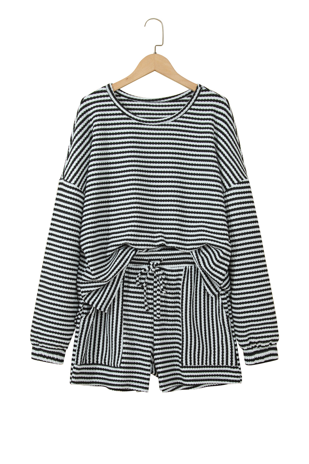 Black Stripe Textured Knit Long Sleeve Top Elastic Waist Shorts Casual Outfit