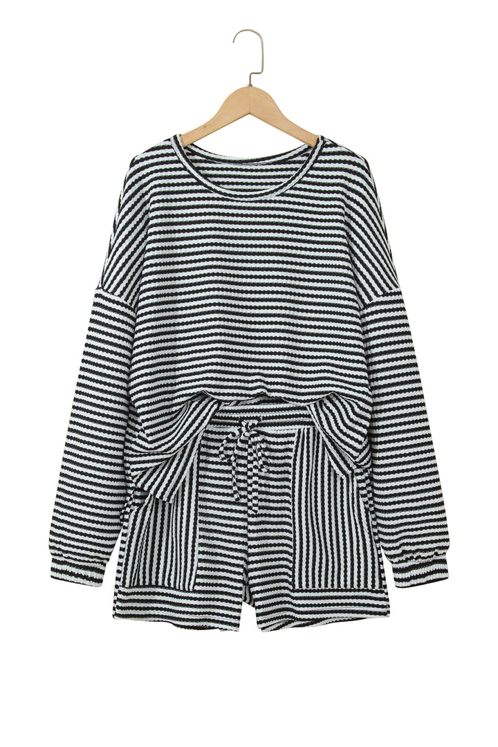 Black Stripe Textured Knit Long Sleeve Top Elastic Waist Shorts Casual Outfit