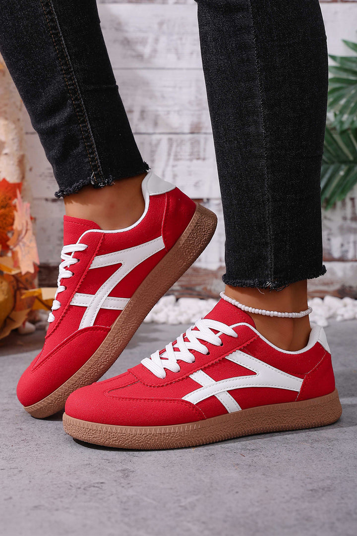 Faux Suede Contrast Patchwork Detail Lace Up Flat Sneakers