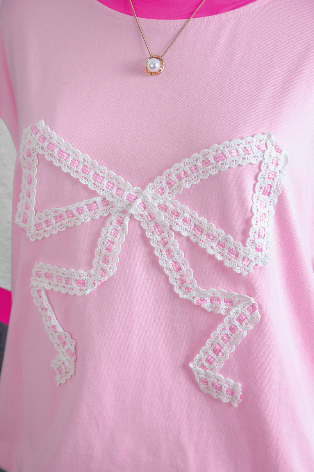 Gossamer Pink Embroidered Bow Detail Color Block Loose Tee