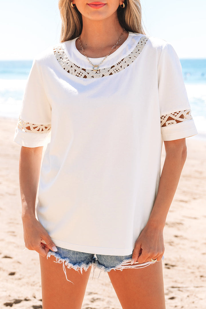 Lace Crochet Crew Neck Casual T Shirt