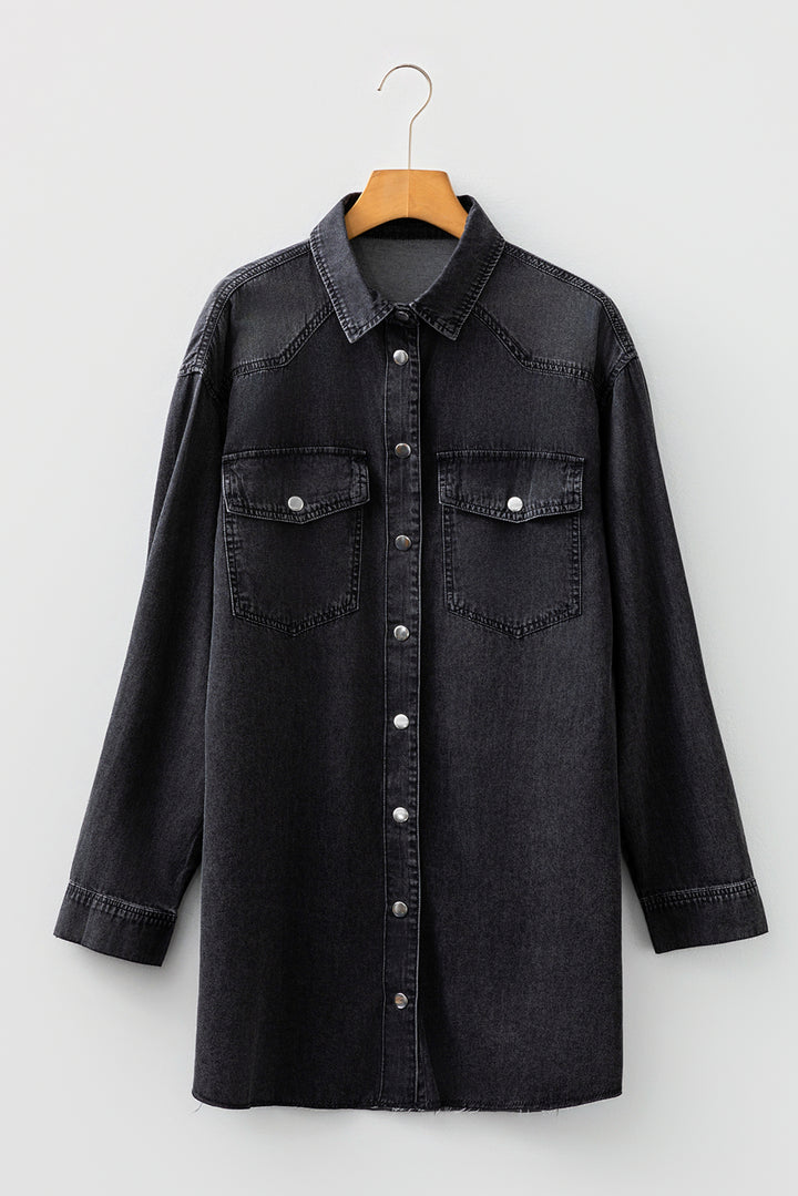 Medium Grey Beau Chest Pocket Raw Hem Denim Loose Shirt Dress