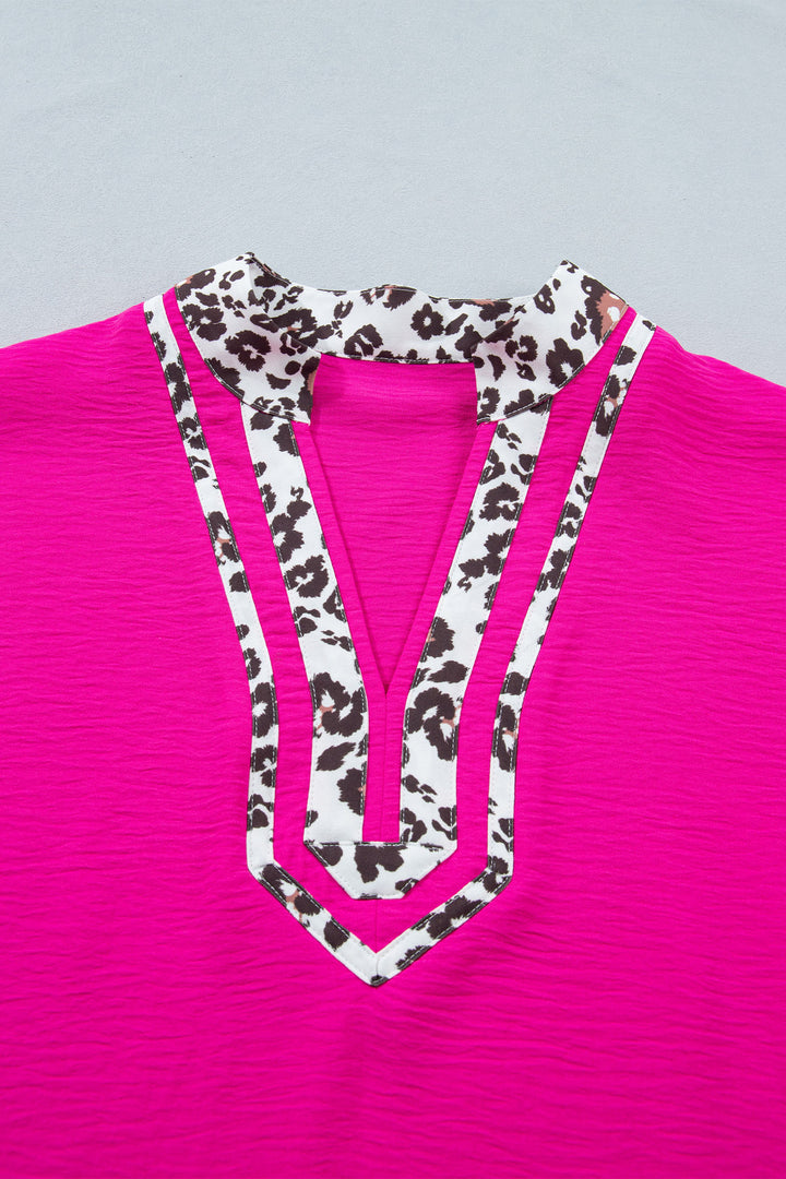 Rose Red Leopard Accent Notched Neck Plus Size Short Sleeve Top