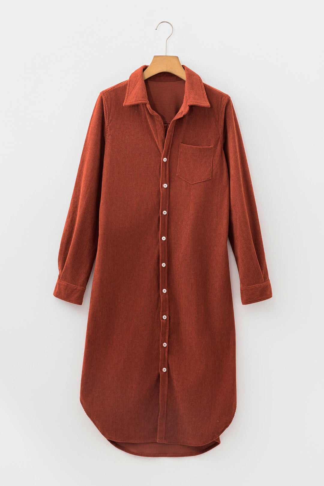 Clay Long Sleeve Button Down Corduroy Midi Length One Piece Dress